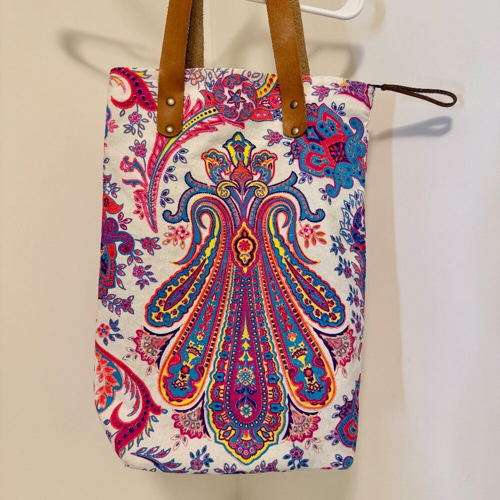 Bohemian Vibrant Paisley Tote Bag with leather handle.